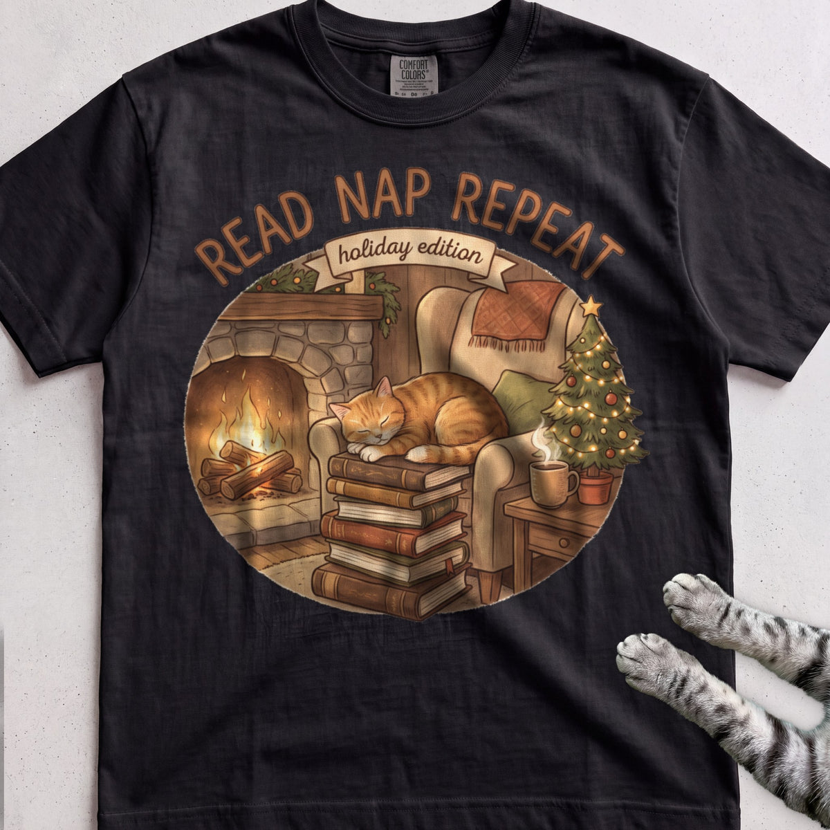 Read, Nap, Repeat Cat T-Shirt - Black