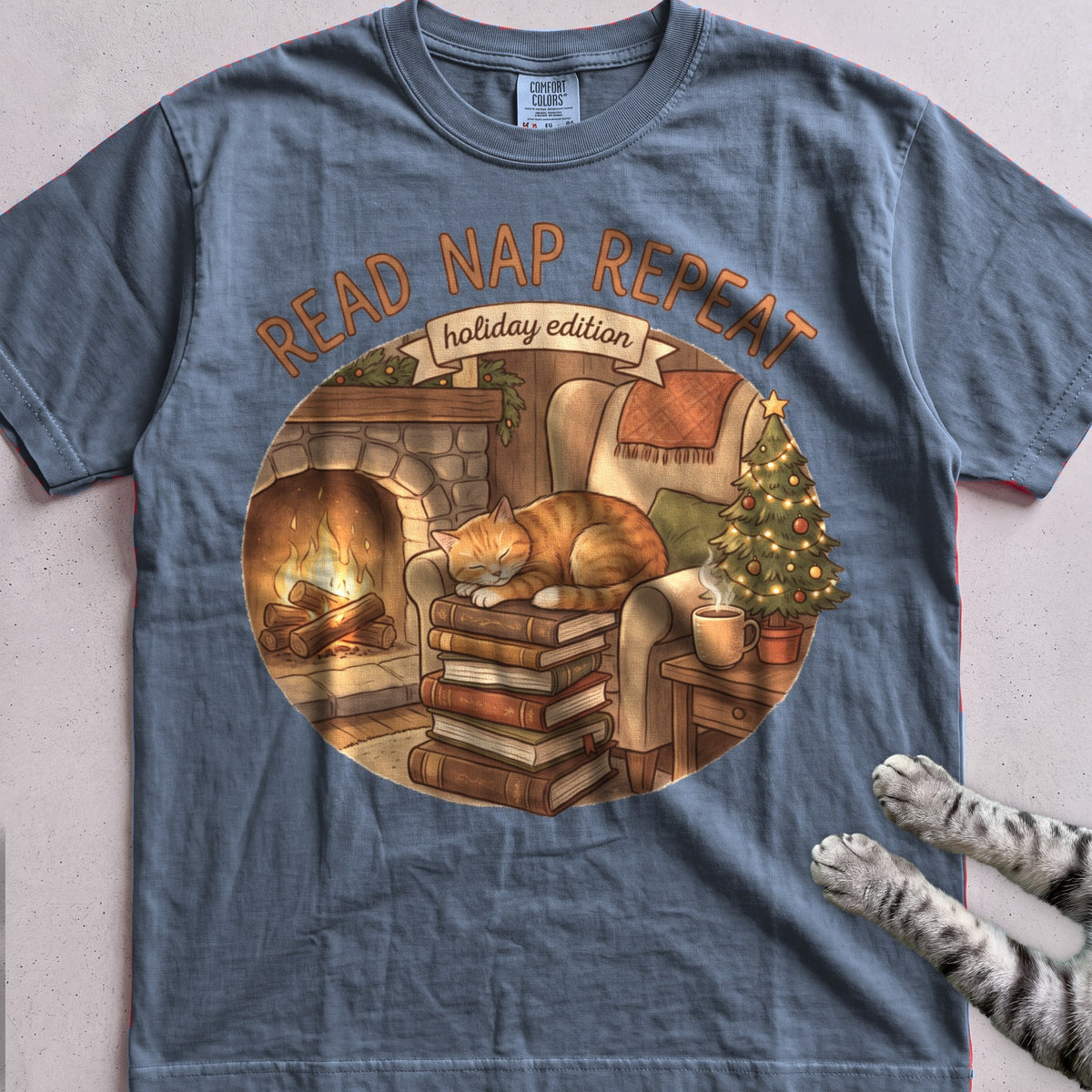 Read, Nap, Repeat Cat T-Shirt - Blue Jean