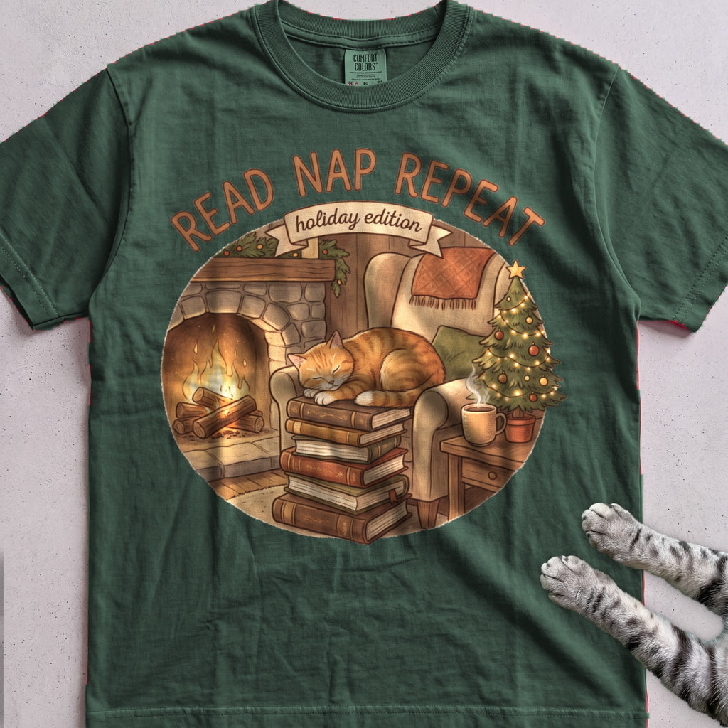 Read, Nap, Repeat Cat T-Shirt - Blue Spruce