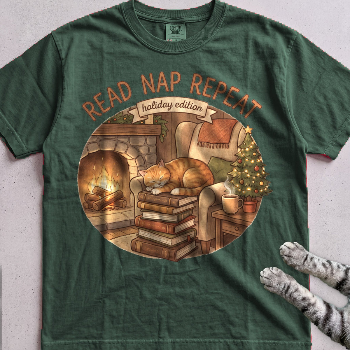 Read, Nap, Repeat Cat T-Shirt - Blue Spruce