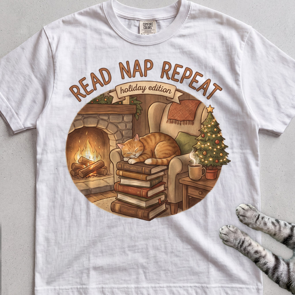 Read, Nap, Repeat Cat T-Shirt - White
