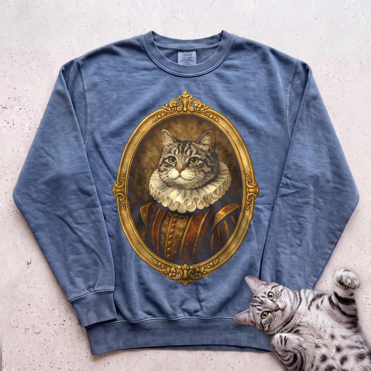 Renaissance Noble Cat Portrait Personalized Sweatshirt - Blue Jean