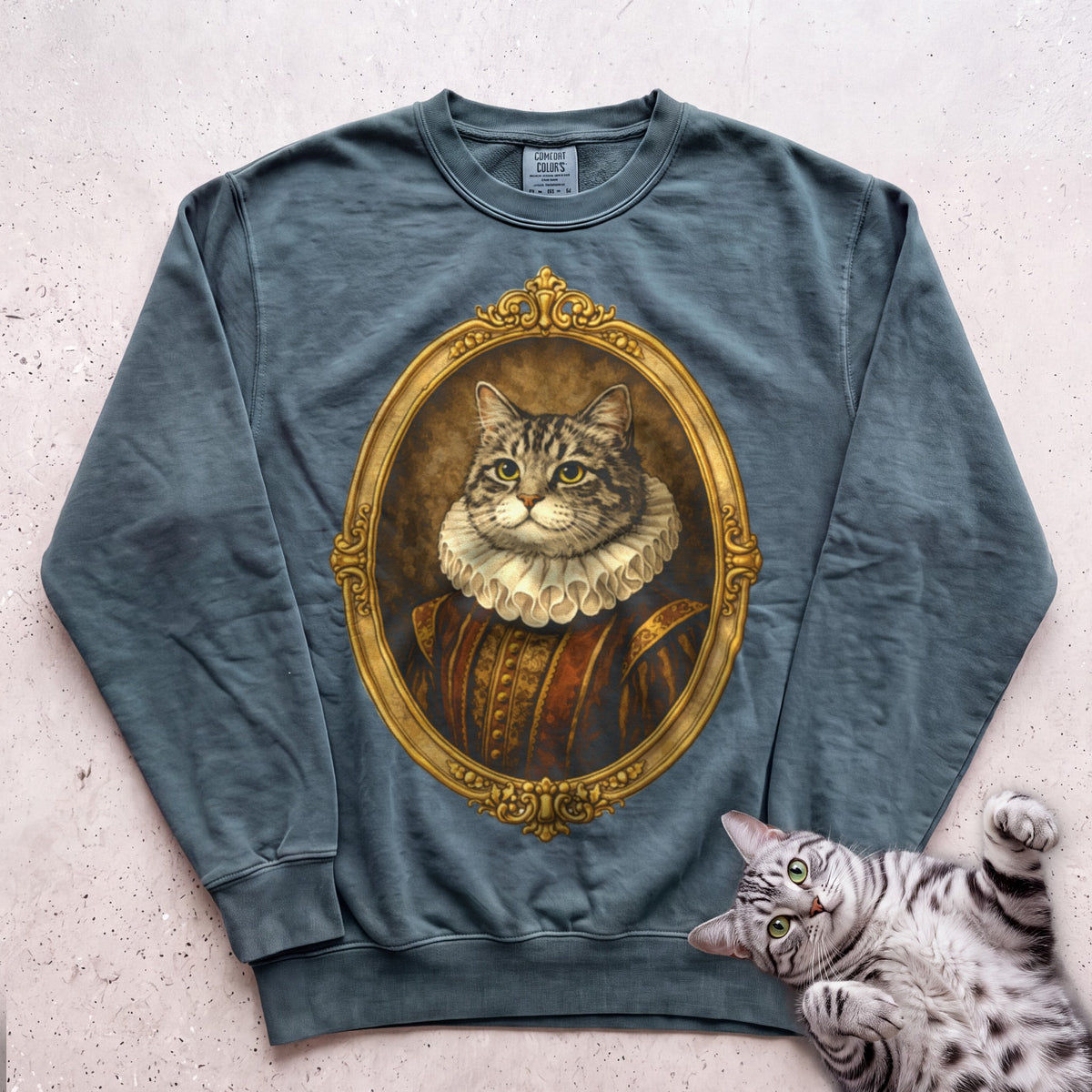 Renaissance Noble Cat Portrait Personalized Sweatshirt - Blue Spruce