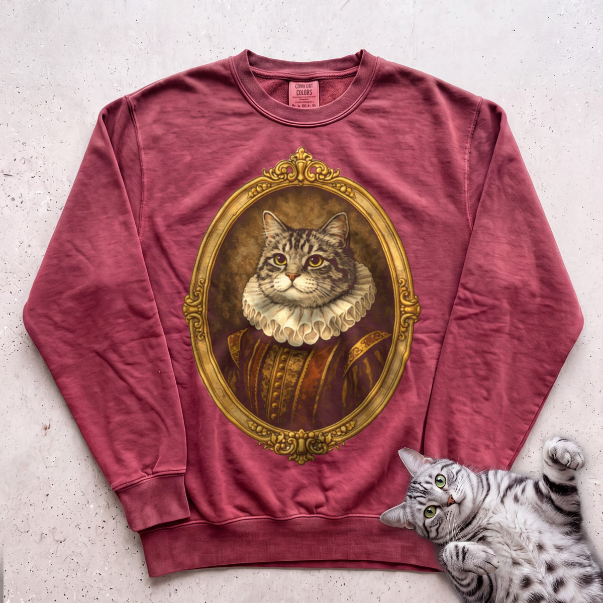 Renaissance Noble Cat Portrait Personalized Sweatshirt - Crimson
