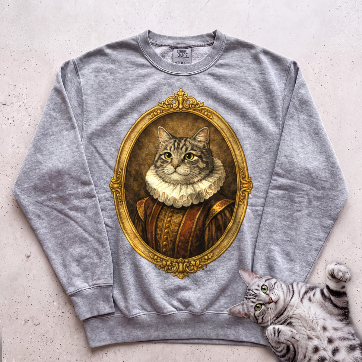 Renaissance Noble Cat Portrait Personalized Sweatshirt - Grey