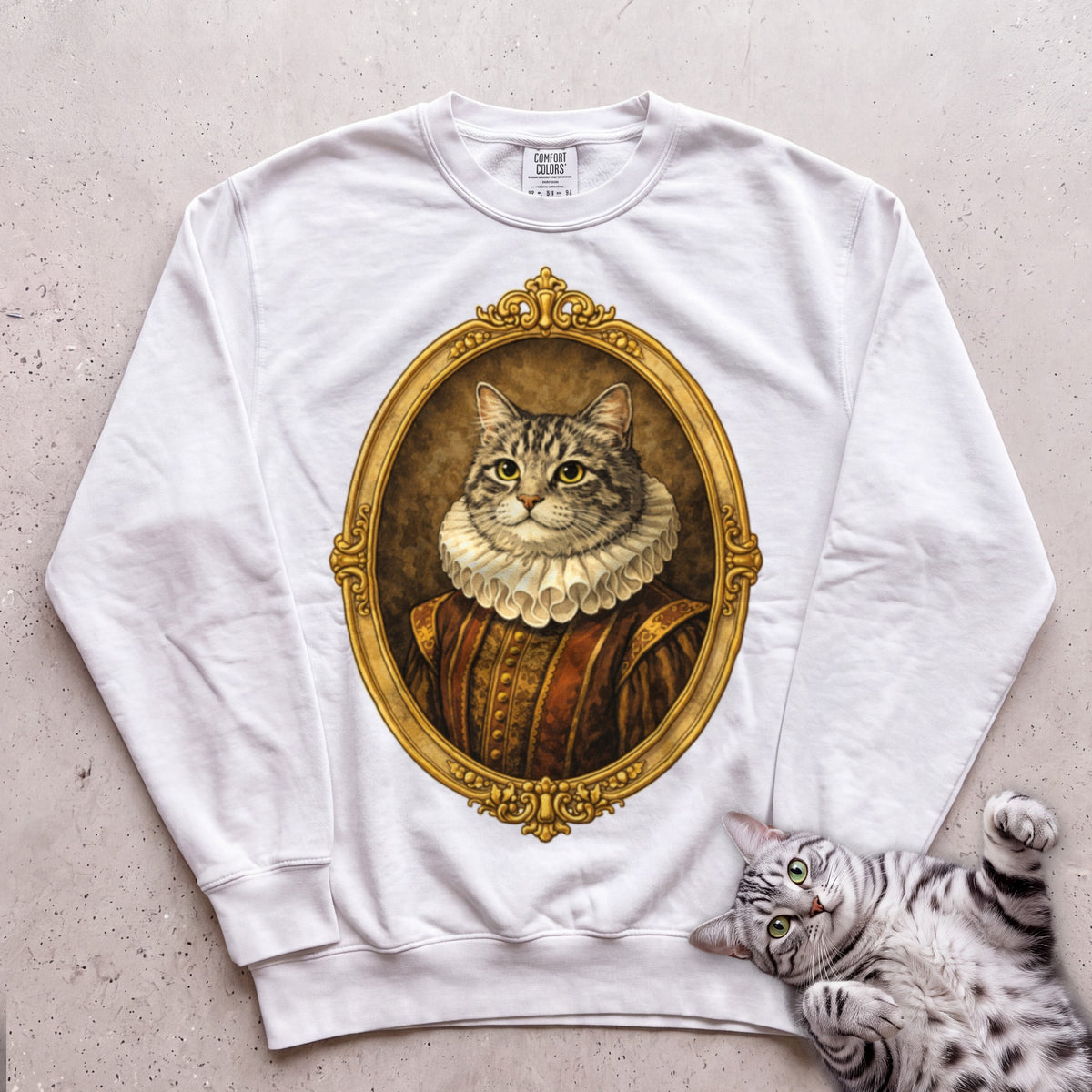 Renaissance Noble Cat Portrait Personalized Sweatshirt - White