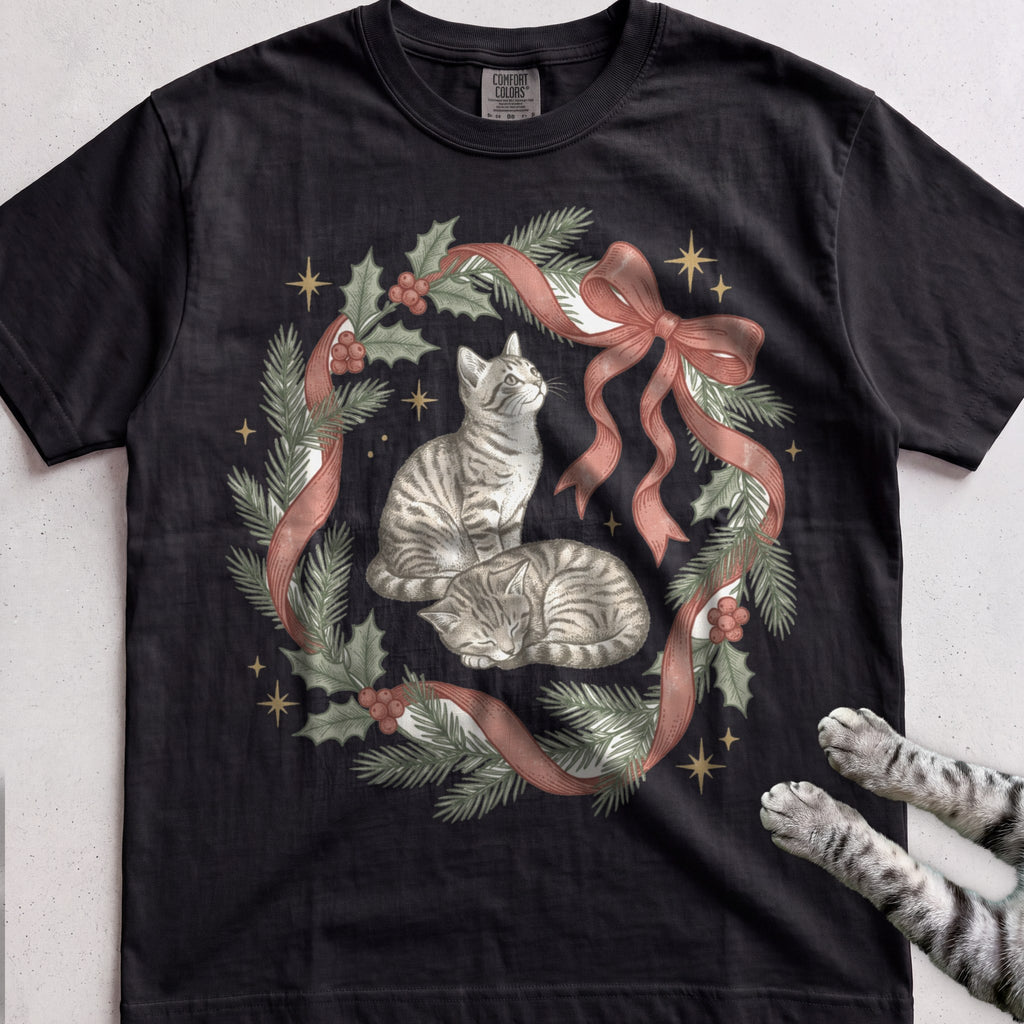 Ribbon & Pine Kittens T-Shirt - Black