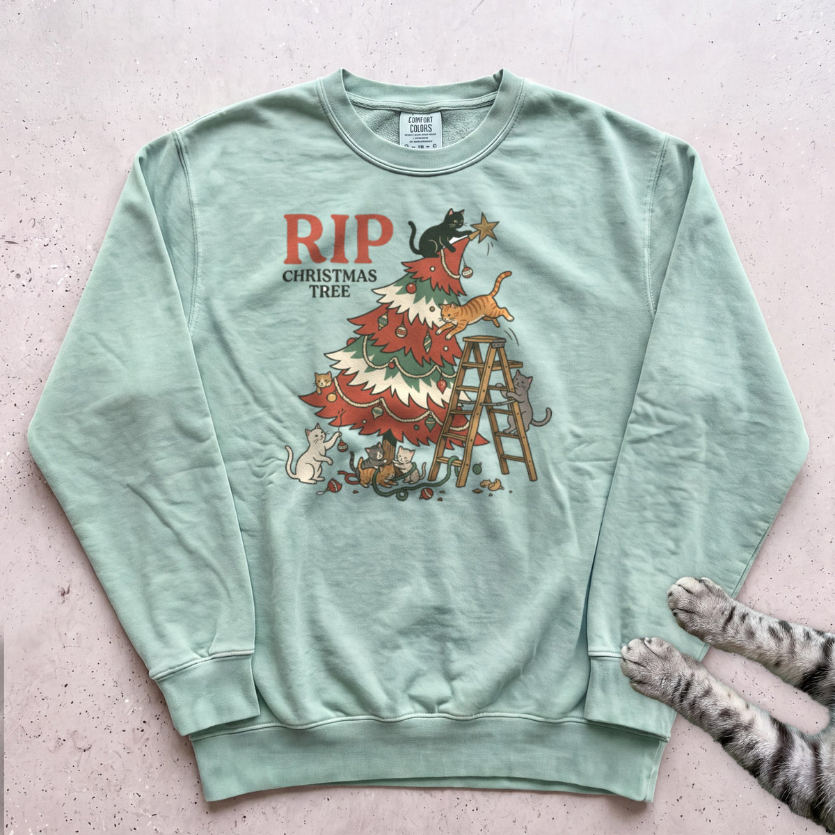 RIP Christmas Tree Cat Sweatshirt - Light Green