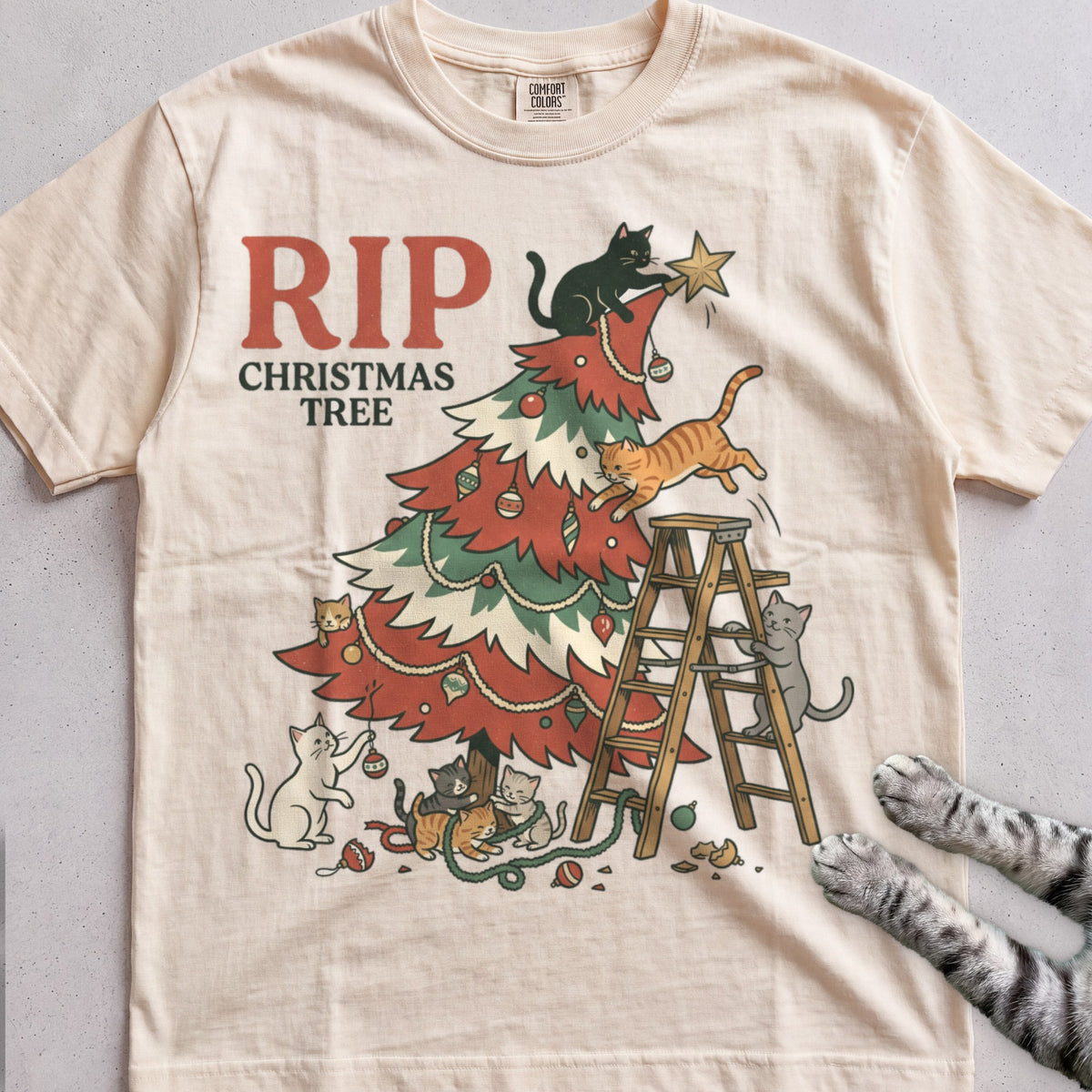 RIP Christmas Tree Cat T-Shirt - Ivory