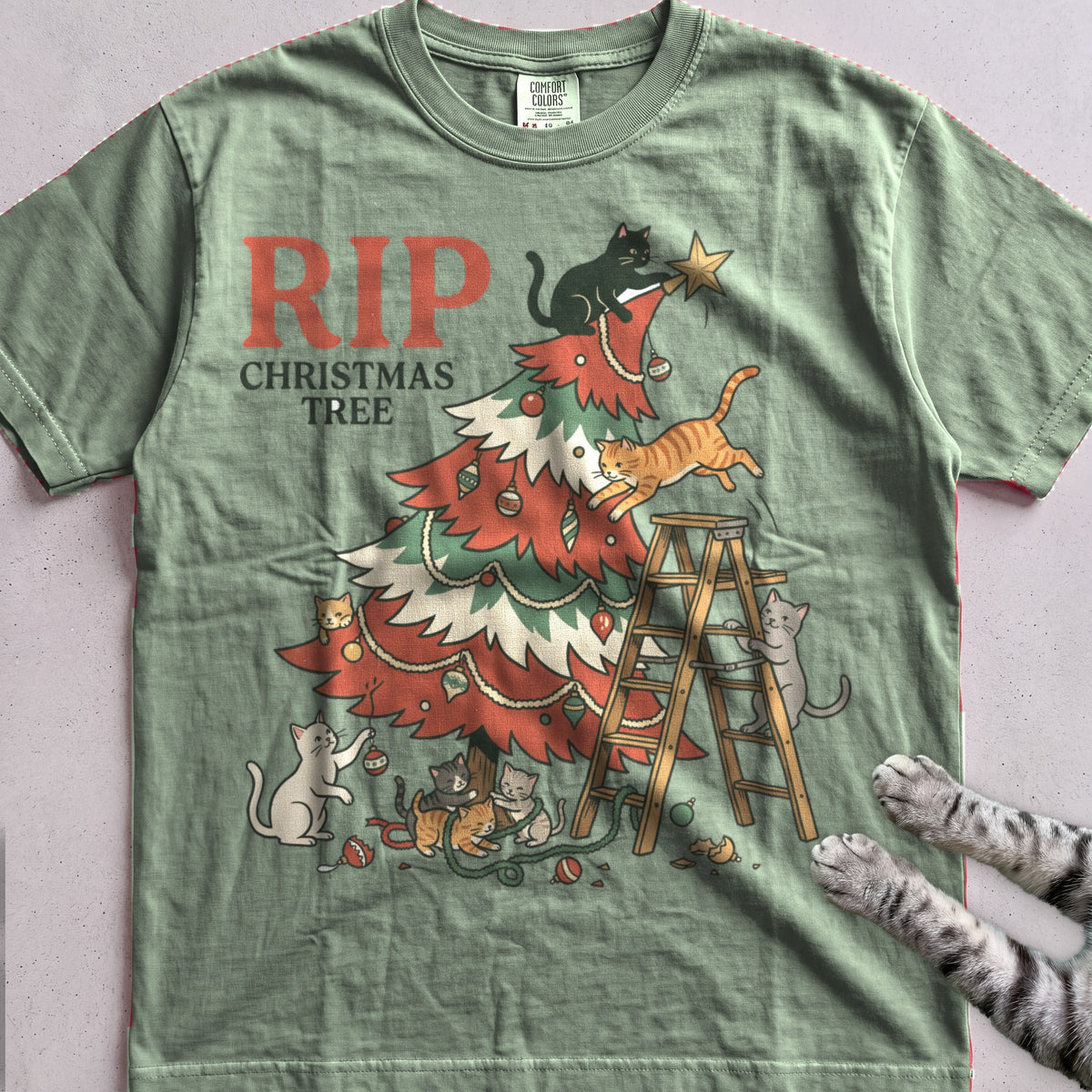 RIP Christmas Tree Cat T-Shirt - Light Green