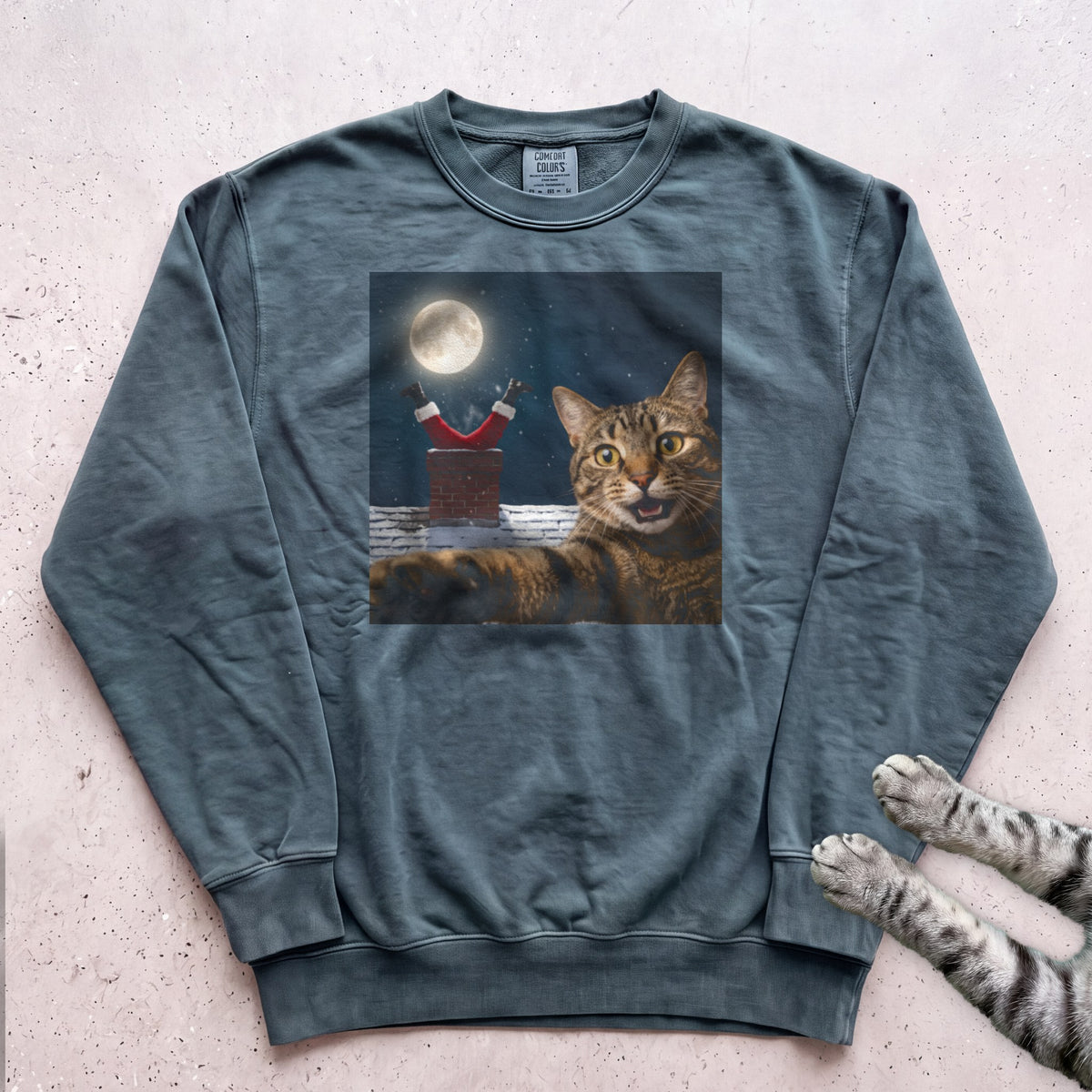 Santa Got Stuck Cat Sweatshirt - Blue Spruce
