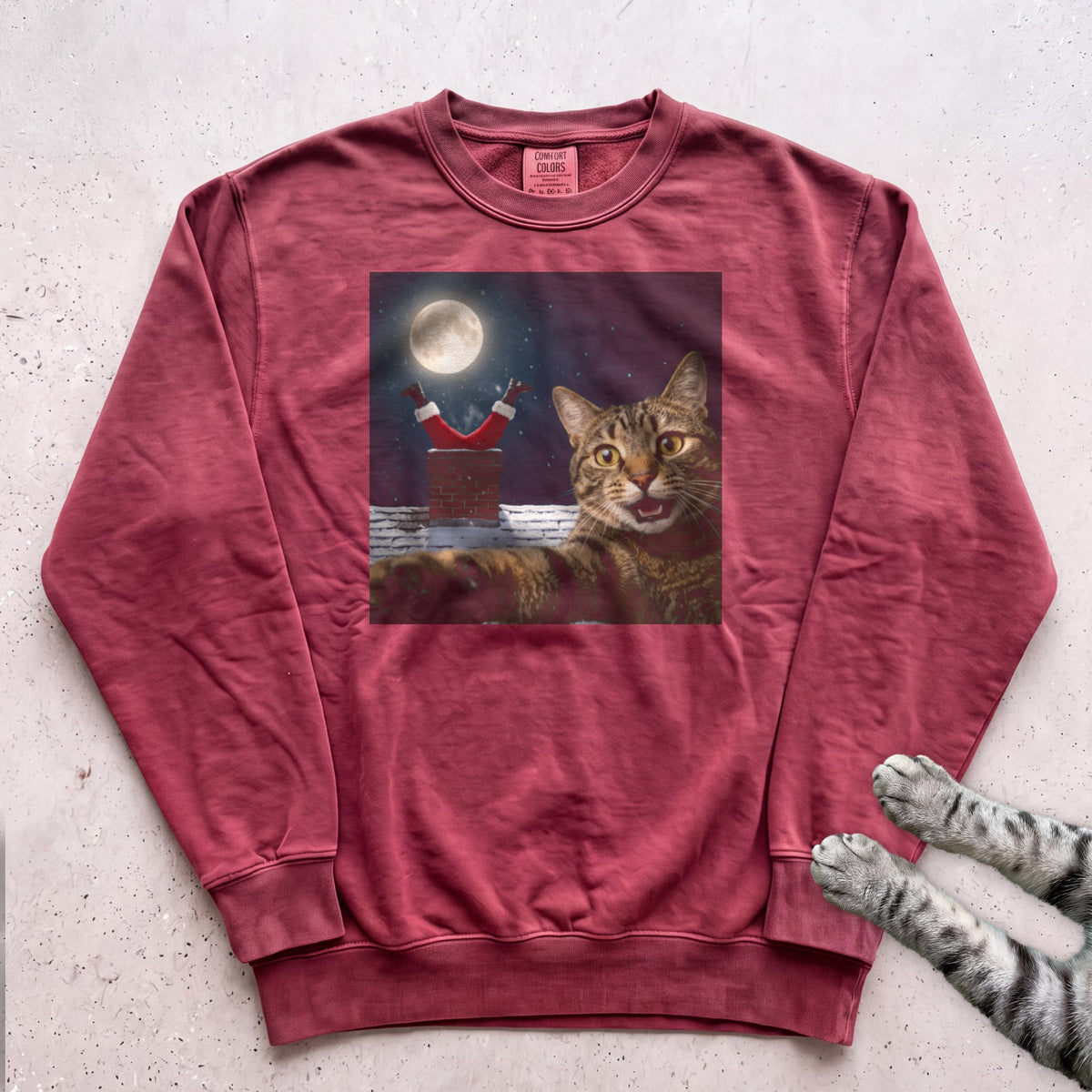 Santa Got Stuck Cat Sweatshirt - Crimson