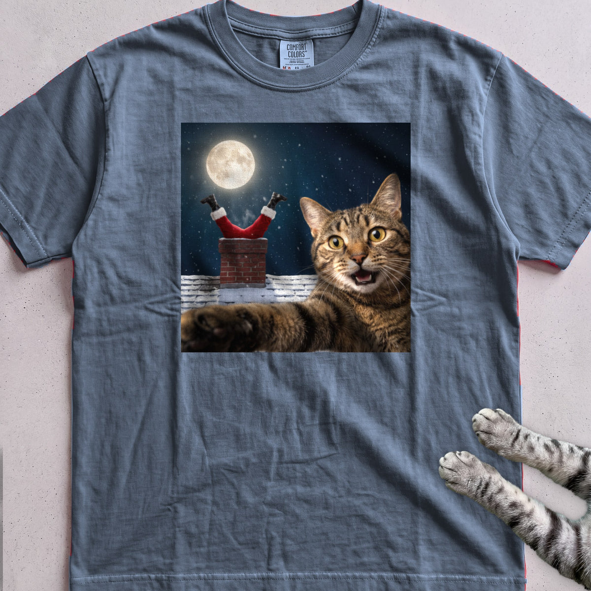 Santa Got Stuck Cat T-Shirt - Blue Jean