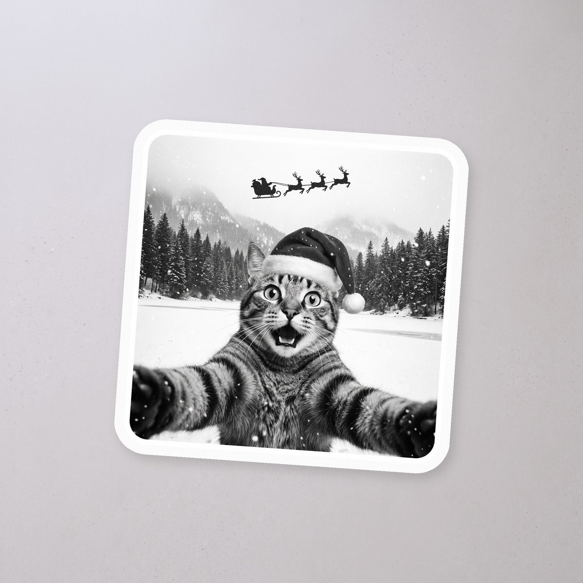 Santa Photobomb Cat Selfie Sticker on a concrete floor