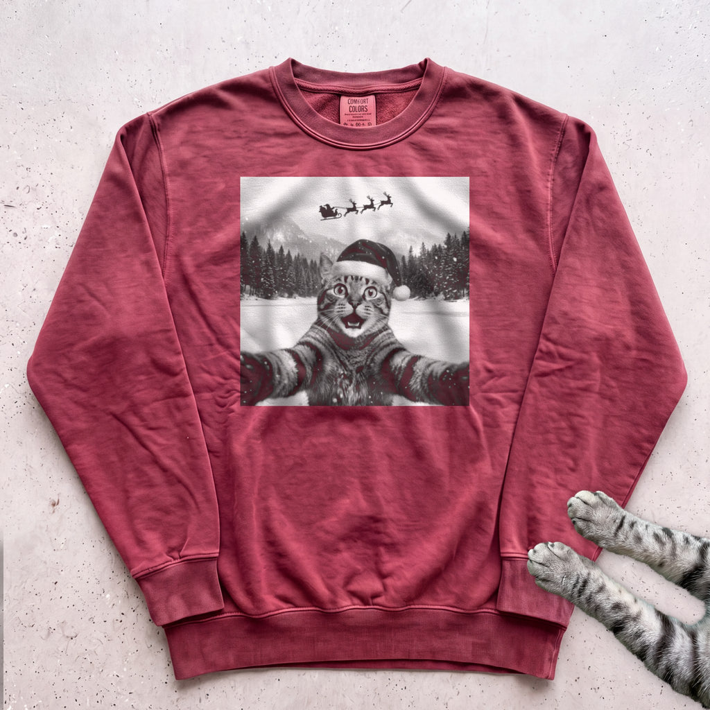 Santa Photobomb Selfie Cat Sweatshirt - Crimson