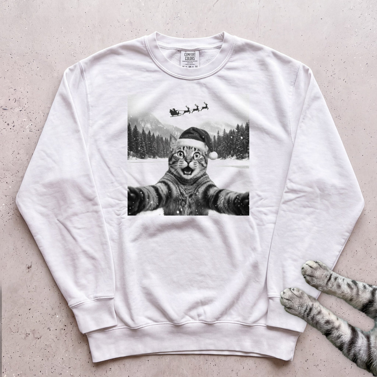 Santa Photobomb Selfie Cat Sweatshirt - White