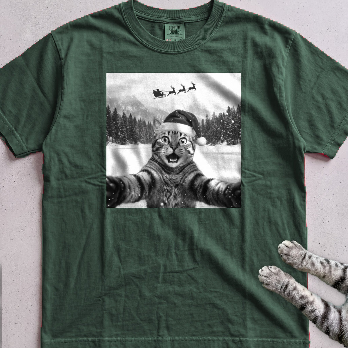 Santa Photobomb Selfie Cat T-Shirt - Blue Spruce