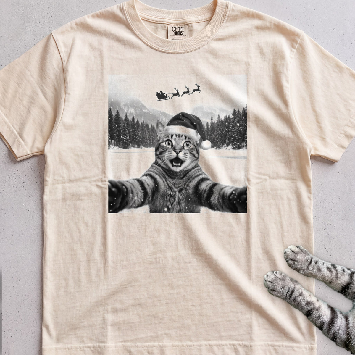 Santa Photobomb Selfie Cat T-Shirt - Ivory