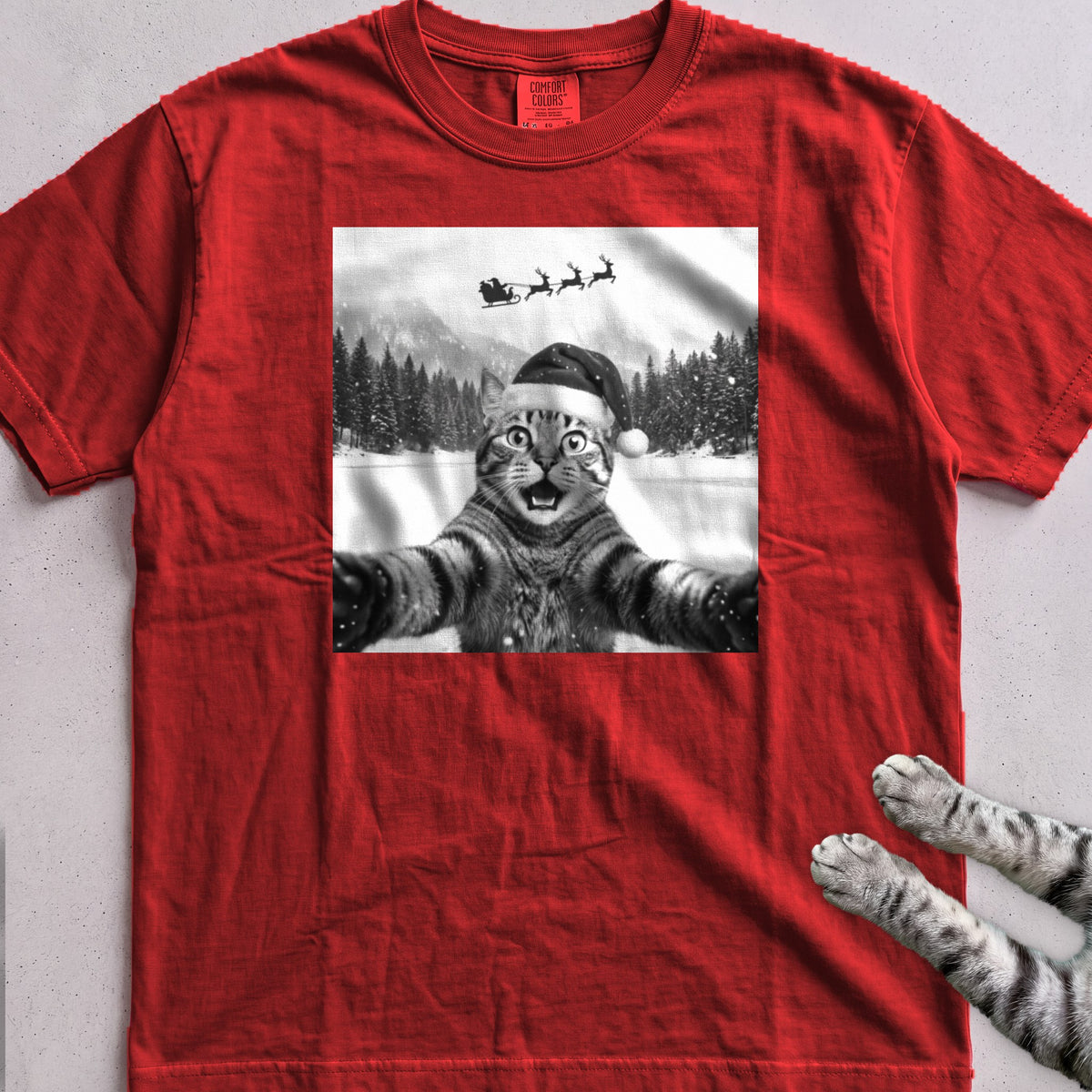 Santa Photobomb Selfie Cat T-Shirt - Red