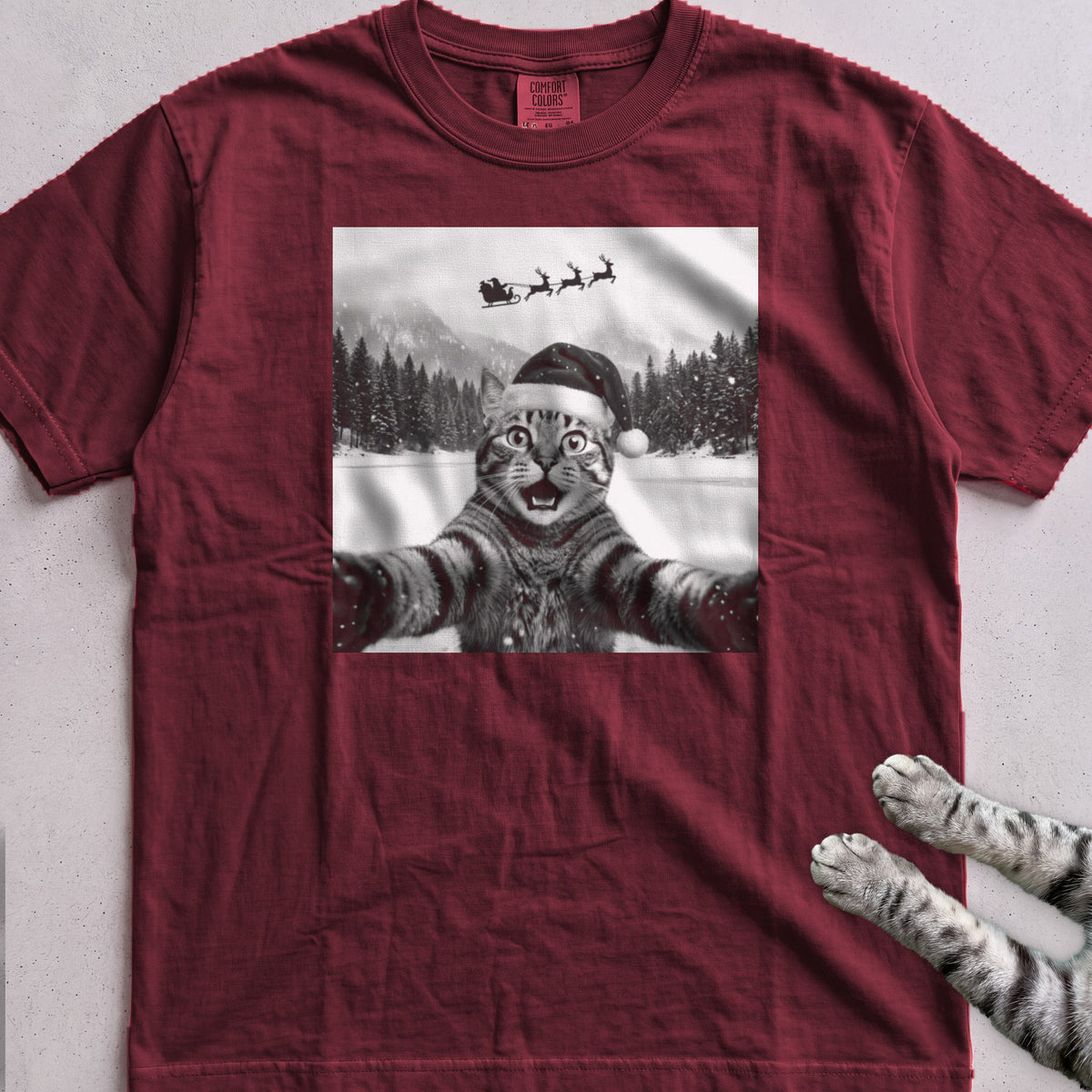 Santa Photobomb Selfie Cat T-Shirt - Wine
