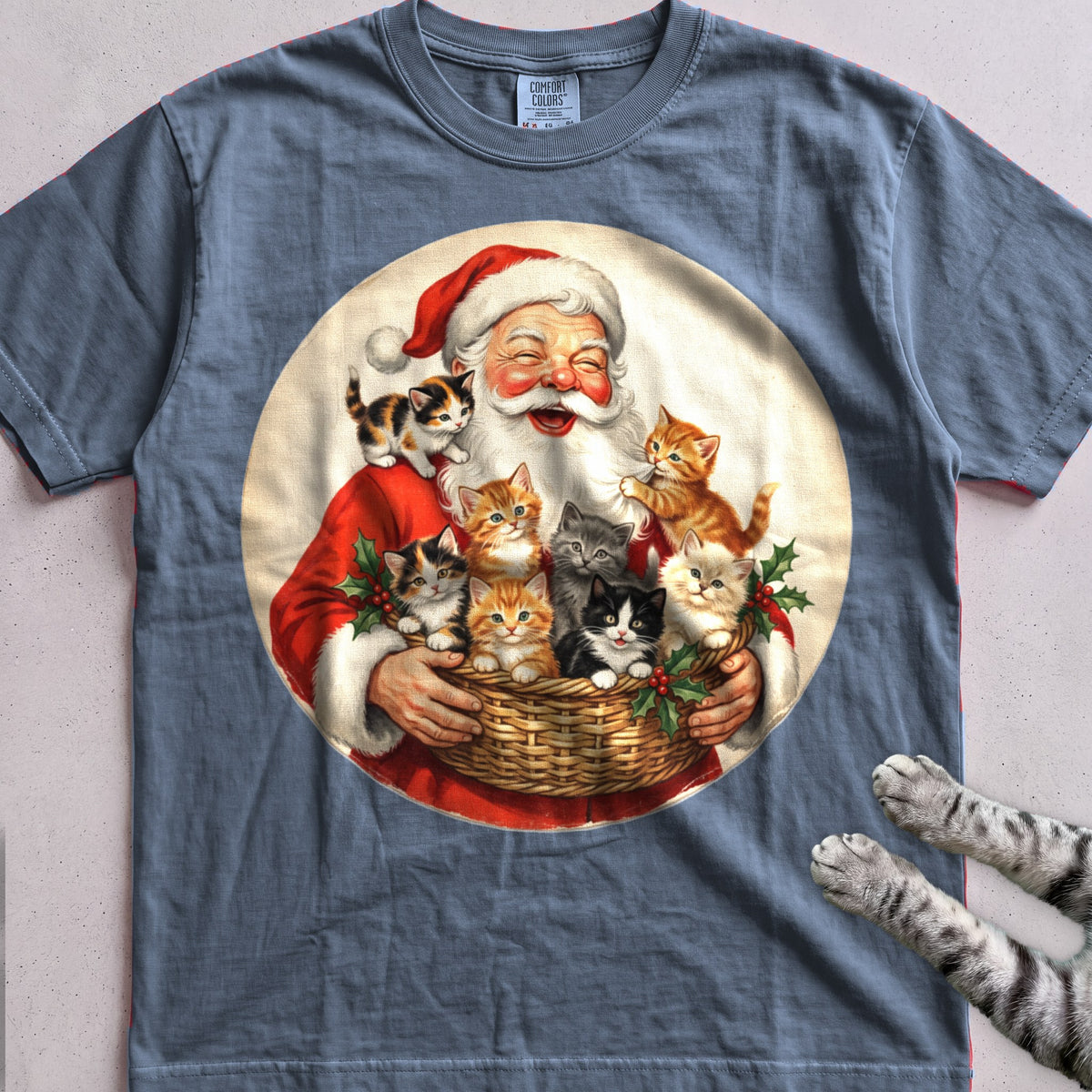Santa's Kittens Cat T-Shirt - Blue Jean