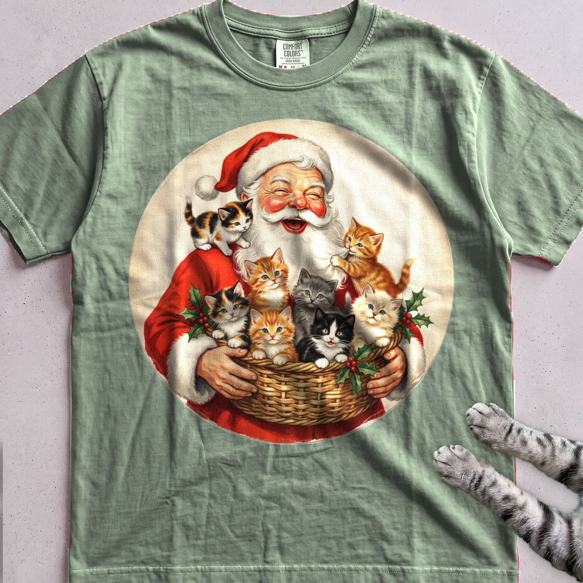 Santa's Kittens Cat T-Shirt - Light Green