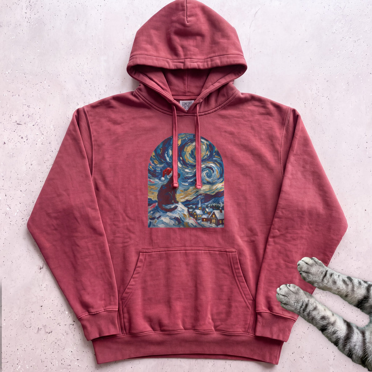 Silent Night, Starry Night Cat Hoodie - Crimson