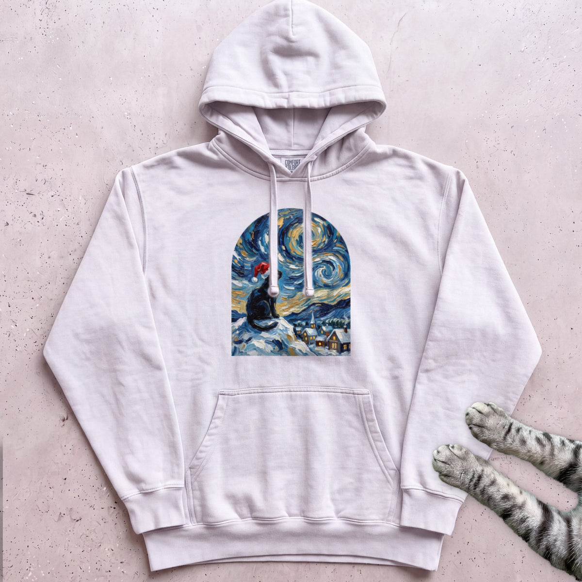 Silent Night, Starry Night Cat Hoodie - White