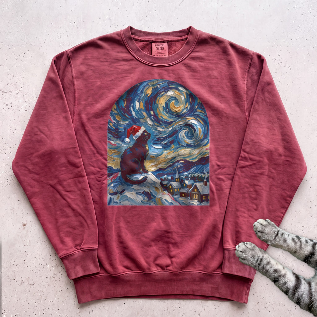 Silent Night, Starry Night Cat Sweatshirt - Crimson