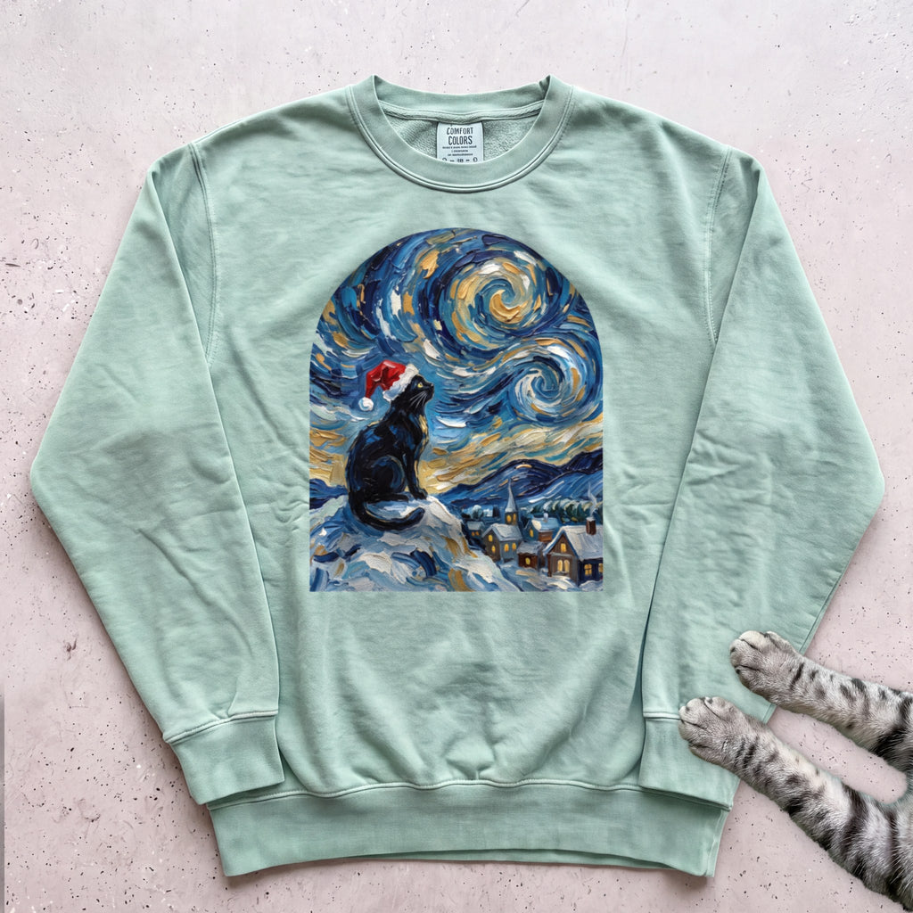 Silent Night, Starry Night Cat Sweatshirt - Light Green