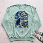 Silent Night, Starry Night Cat Sweatshirt - Light Green