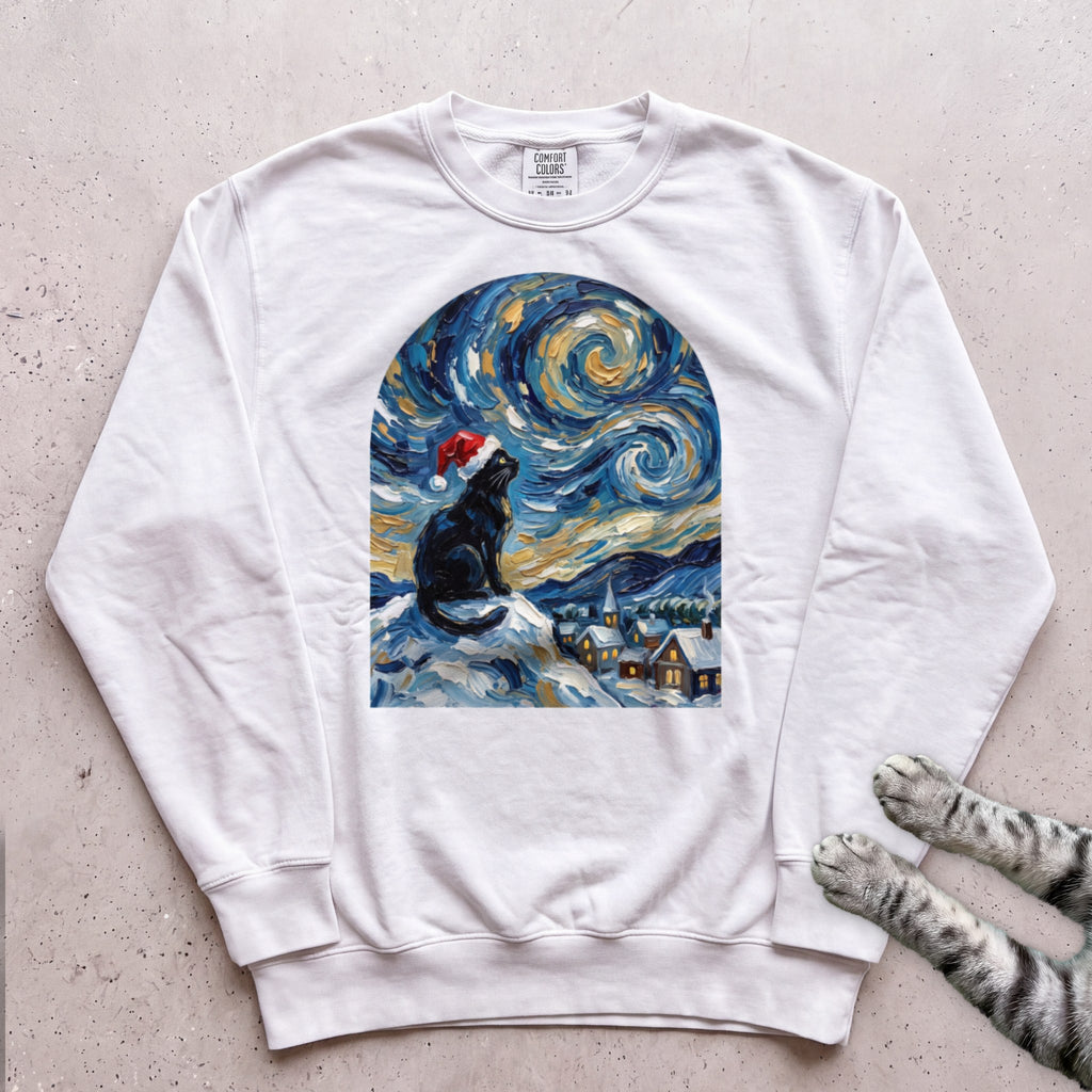 Silent Night, Starry Night Cat Sweatshirt - White