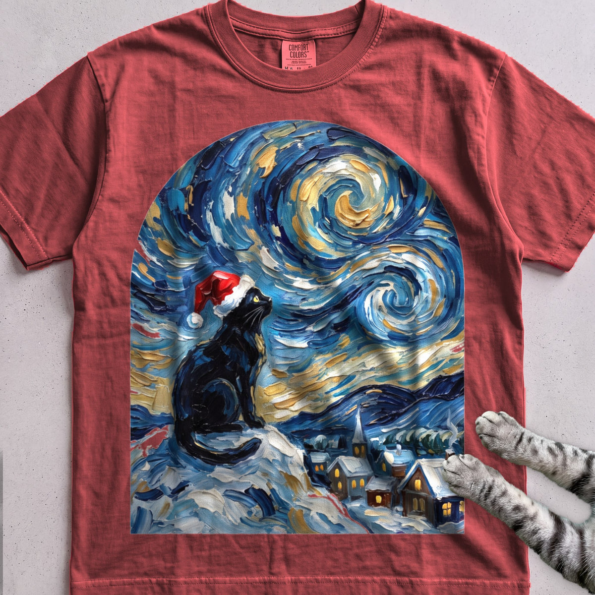Silent Night, Starry Night Cat T-Shirt - Crimson