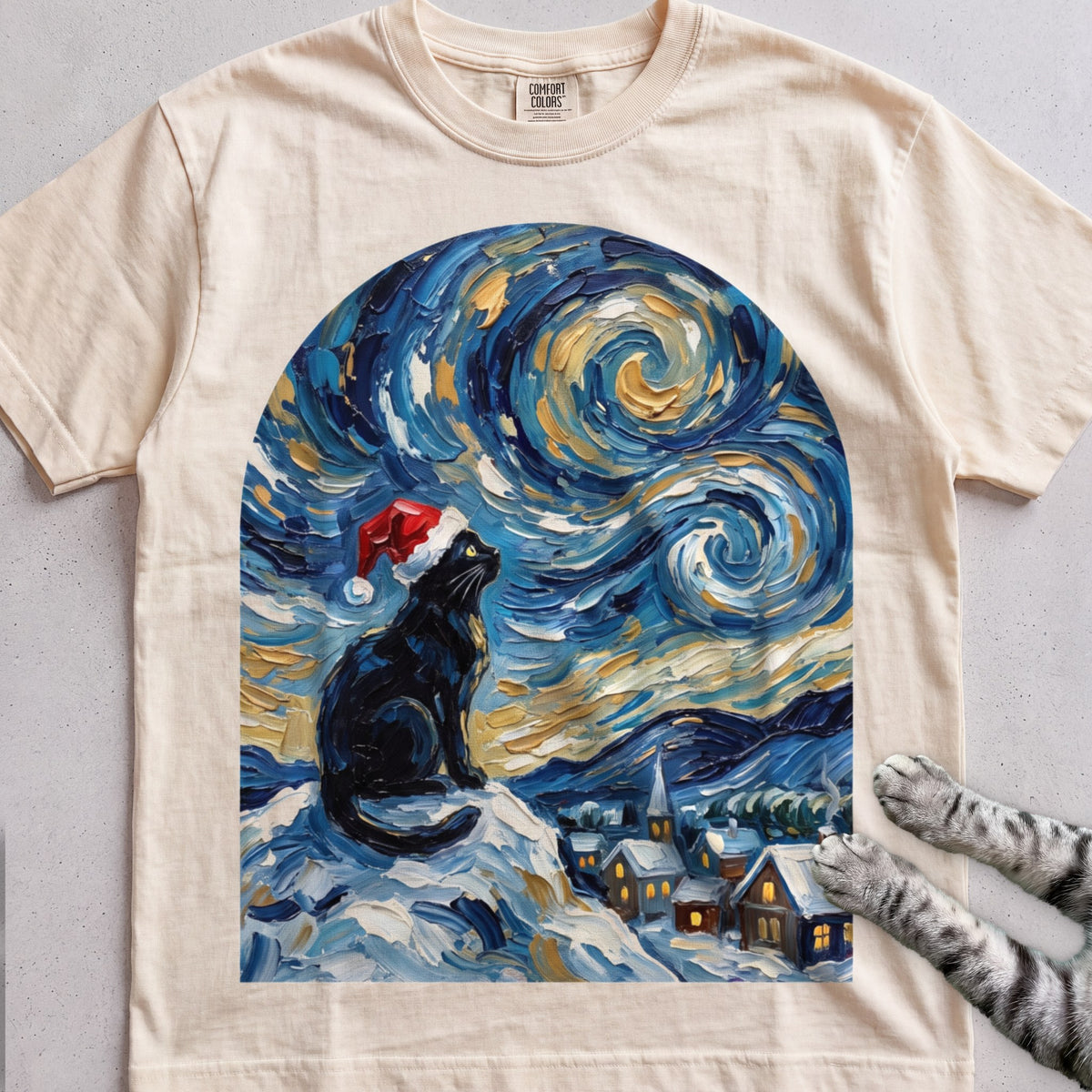 Silent Night, Starry Night Cat T-Shirt - Ivory
