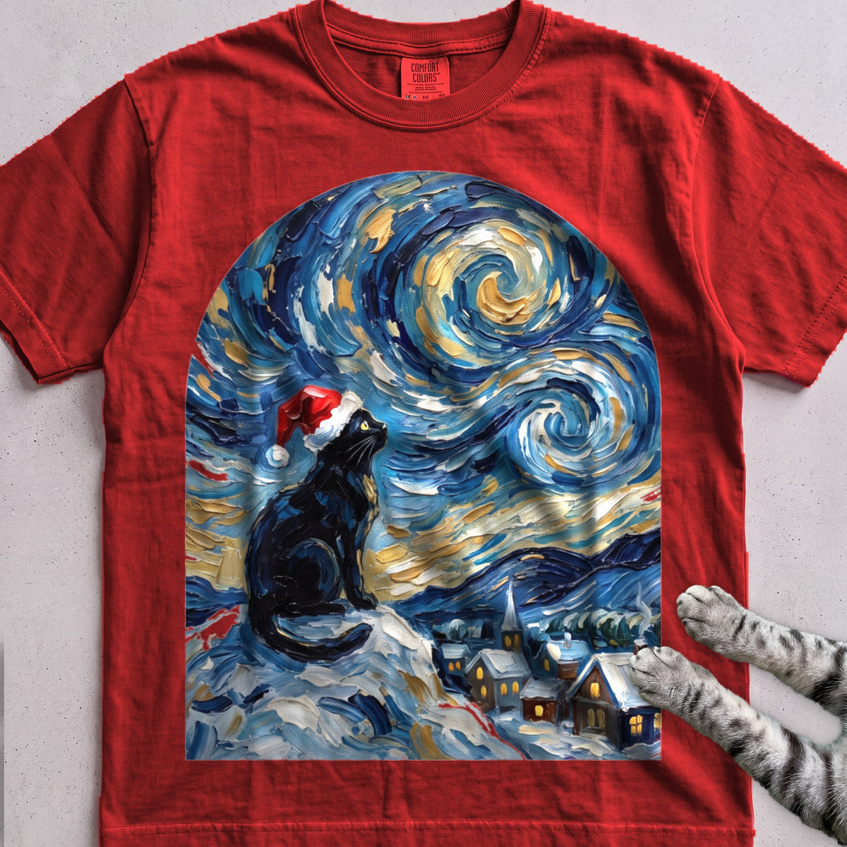 Silent Night, Starry Night Cat T-Shirt - Red