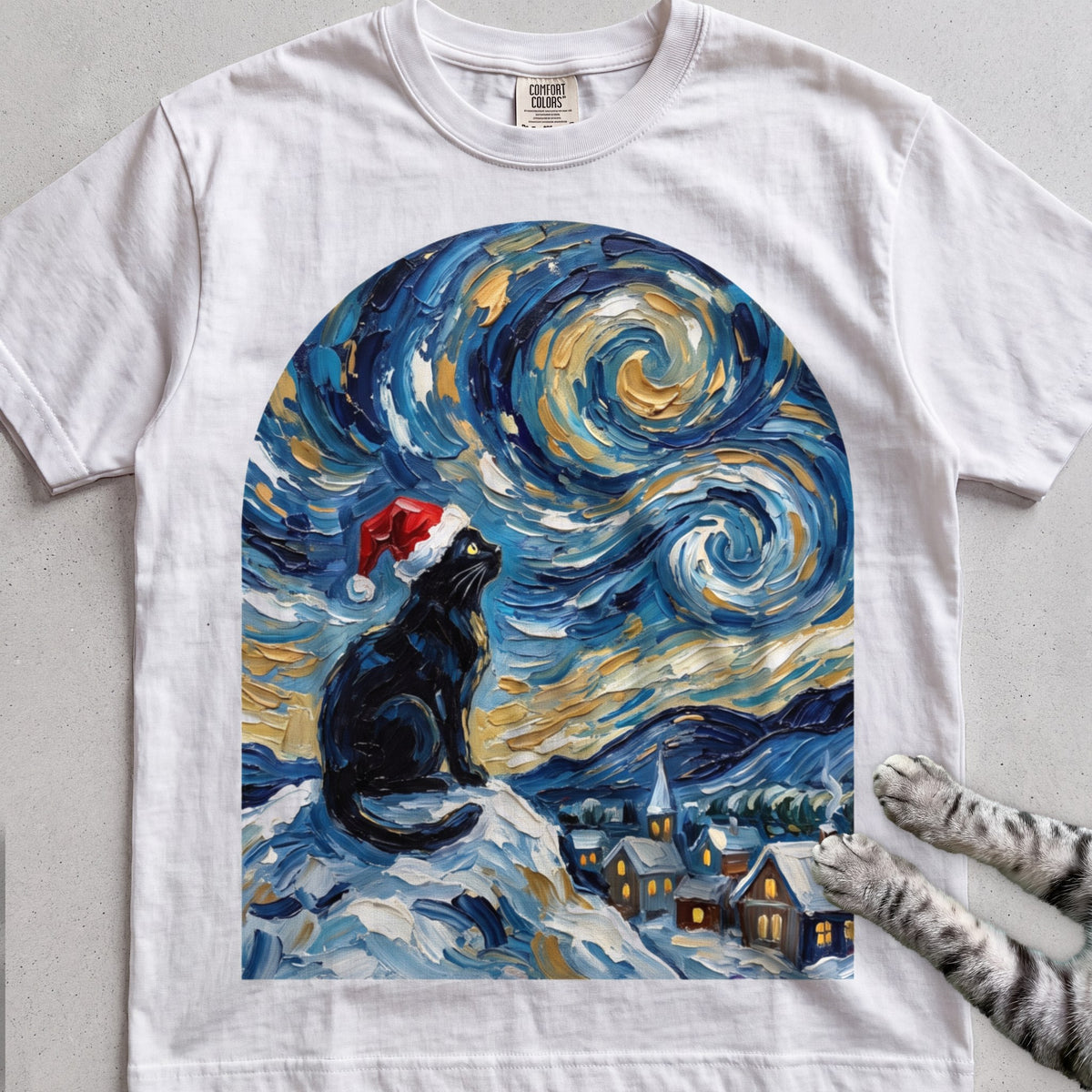 Silent Night, Starry Night Cat T-Shirt - White