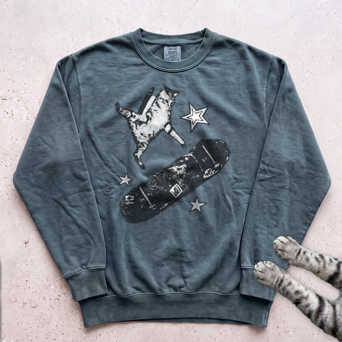 Skateboarding Cat Sweatshirt - Blue Spruce