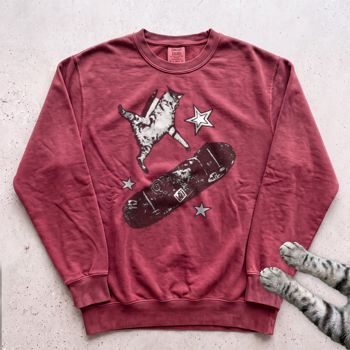 Skateboarding Cat Sweatshirt - Crimson
