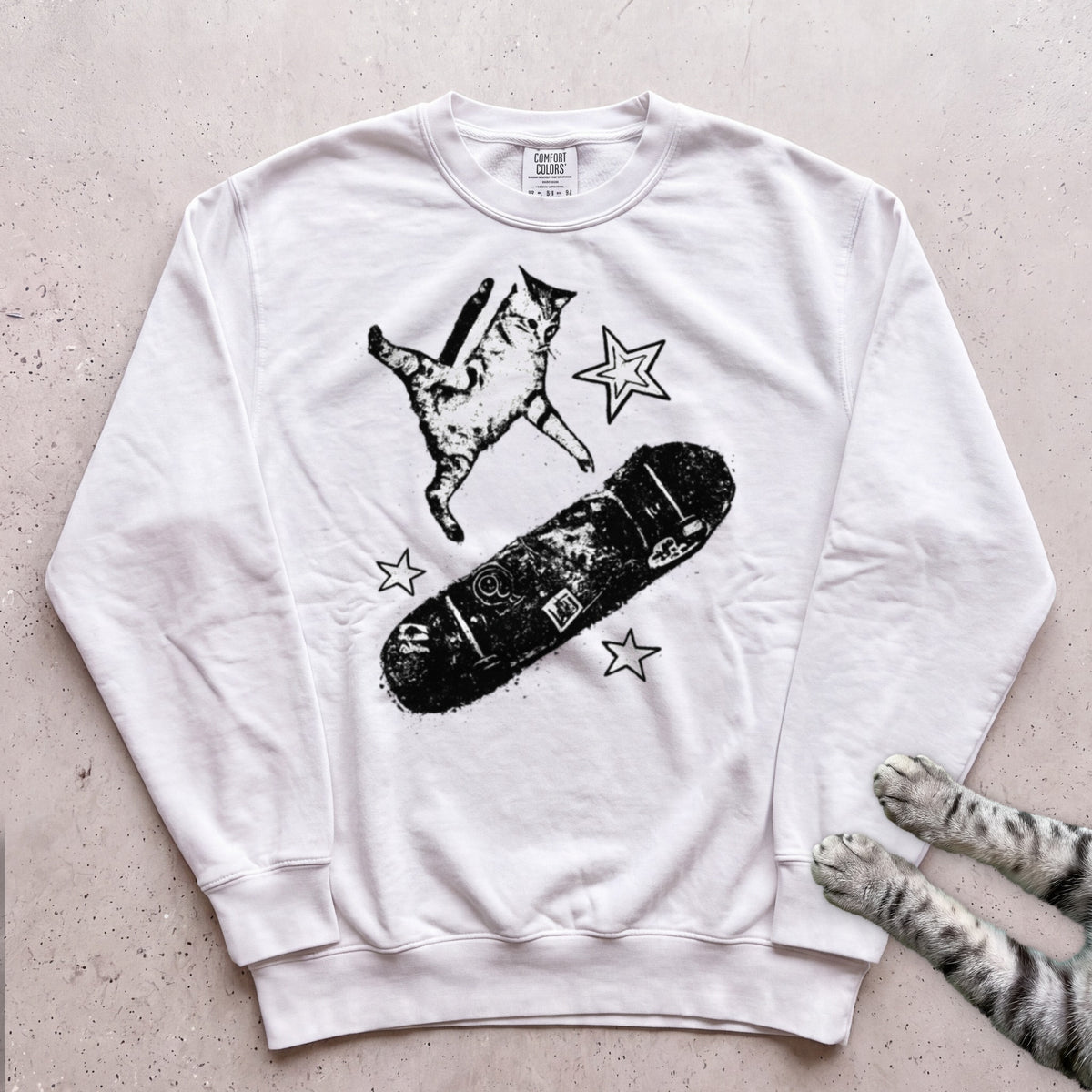 Skateboarding Cat Sweatshirt - White