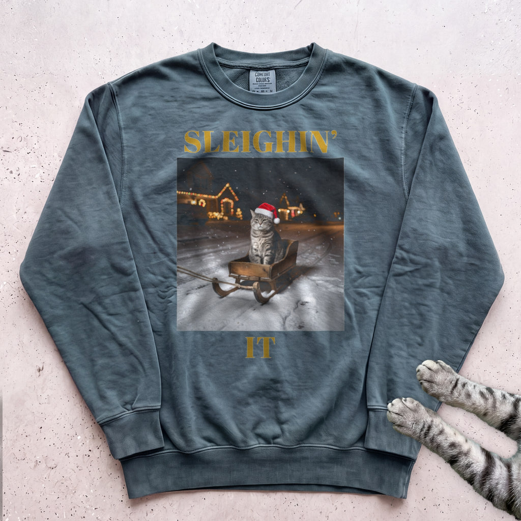 Sleighin' It Cat Sweatshirt - Blue Spruce