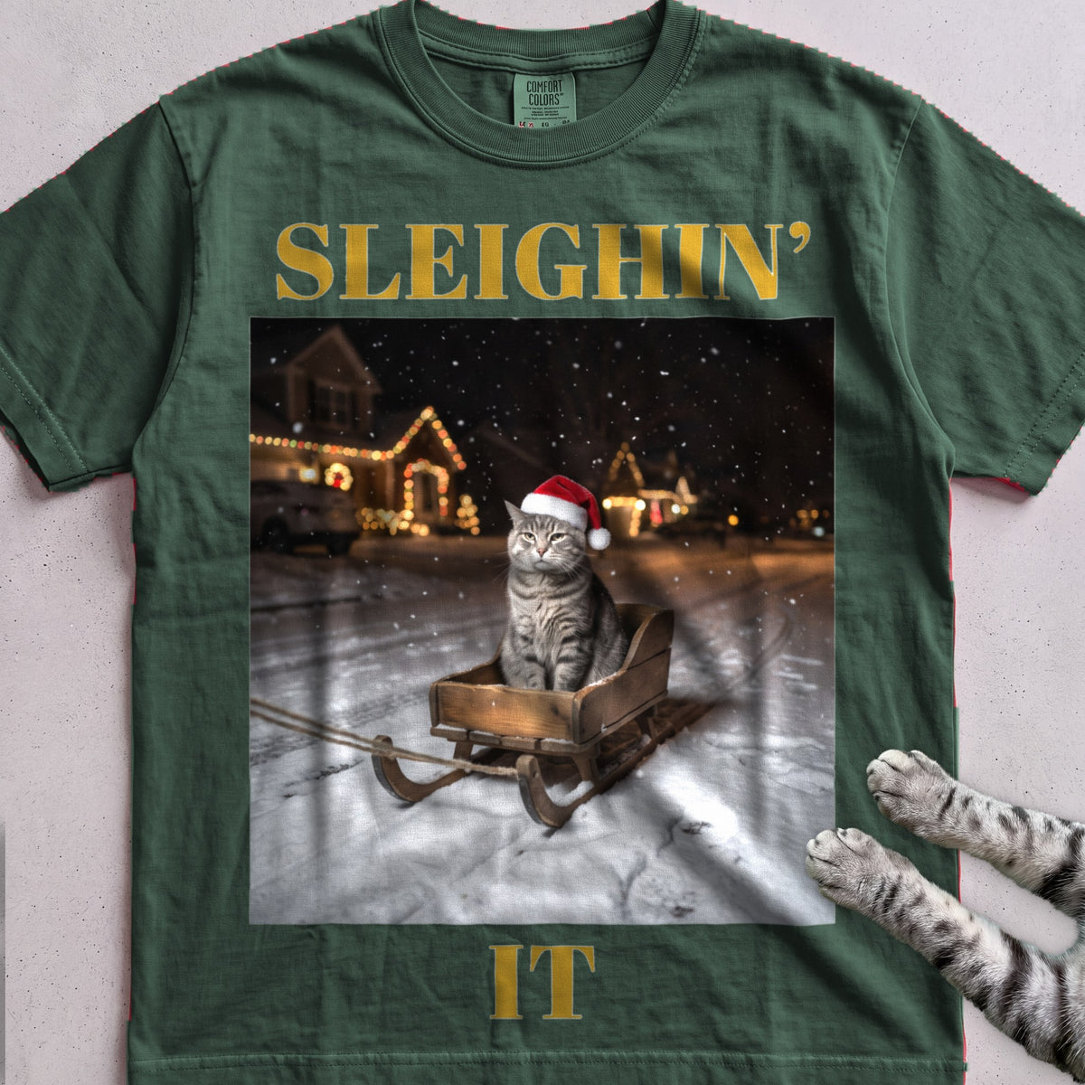 Sleighin' It Cat T-Shirt - Blue Spruce