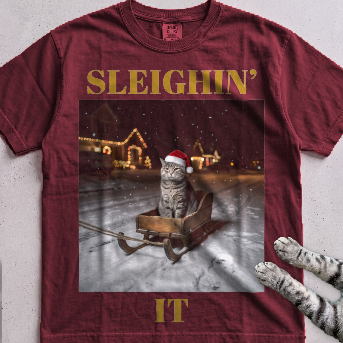 Sleighin' It Cat T-Shirt - Wine