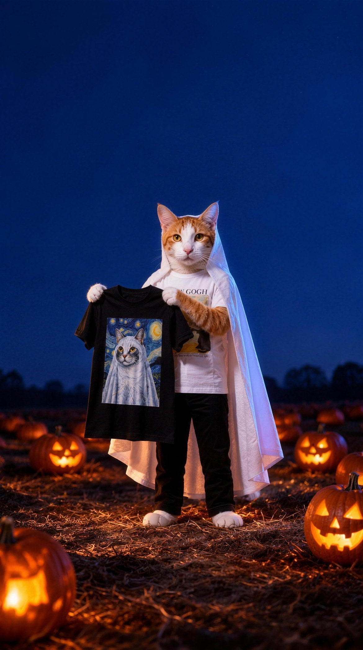 Felix in a ghost-sheet cape holding a ghost-cat portrait tee in a pumpkin patch at dusk