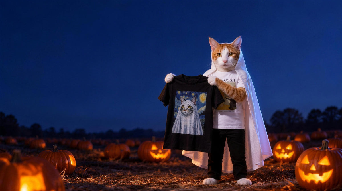 Felix in a ghost-sheet cape holding a ghost-cat portrait tee in a pumpkin patch at dusk