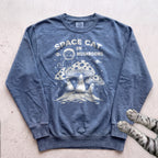 Space Cat on Mushrooms Sweatshirt - Blue Jean