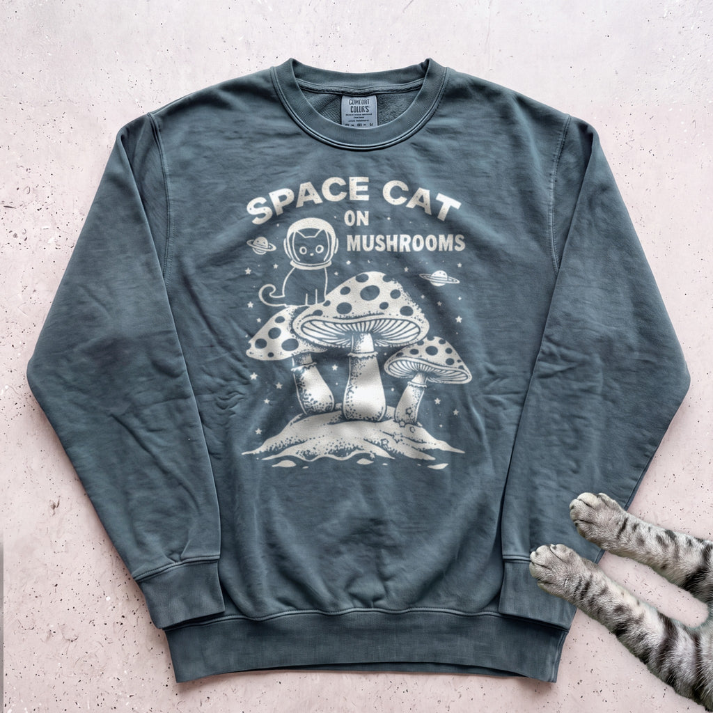 Space Cat on Mushrooms Sweatshirt - Blue Spruce