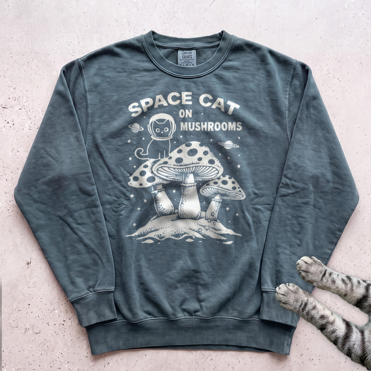 Space Cat on Mushrooms Sweatshirt - Blue Spruce