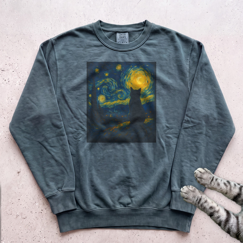 Starry Night Cat Sweatshirt - Blue Spruce