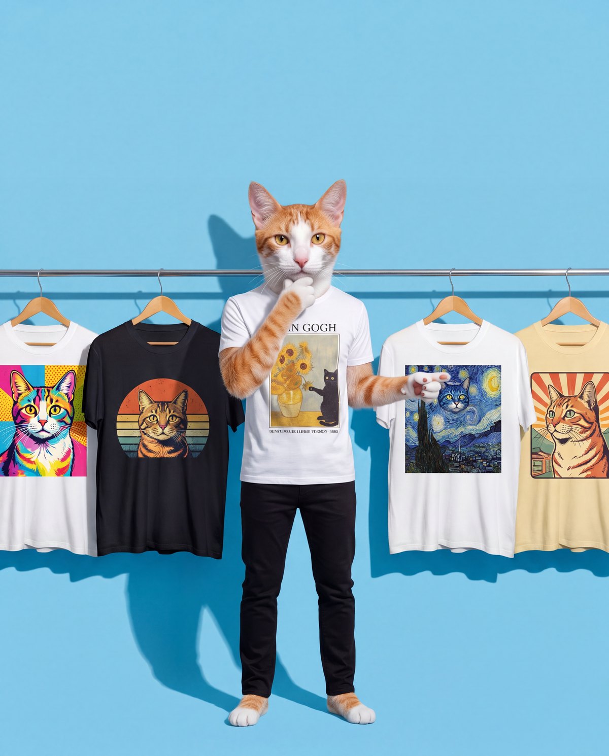 Felix in his Van Gogh tee pointing at a rack of Meowtopia cat portrait t-shirts, choosing a design
