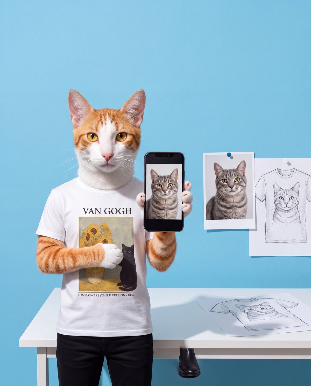 Felix holding up a phone showing a photo of a gray tabby cat, next to a sketch of the cat's t-shirt design